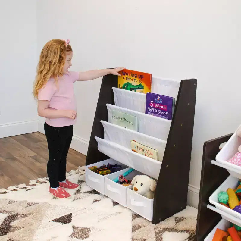 Étagère à livres 4 niveaux avec bac de rangement en tissu pour enfants