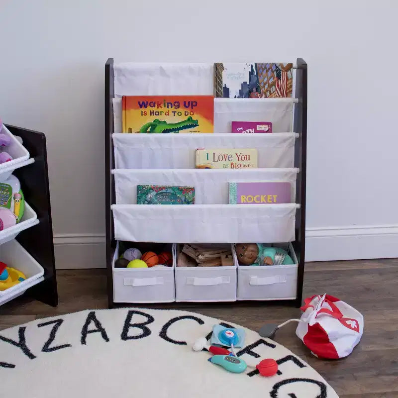 Étagère à livres 4 niveaux avec bac de rangement en tissu pour enfants