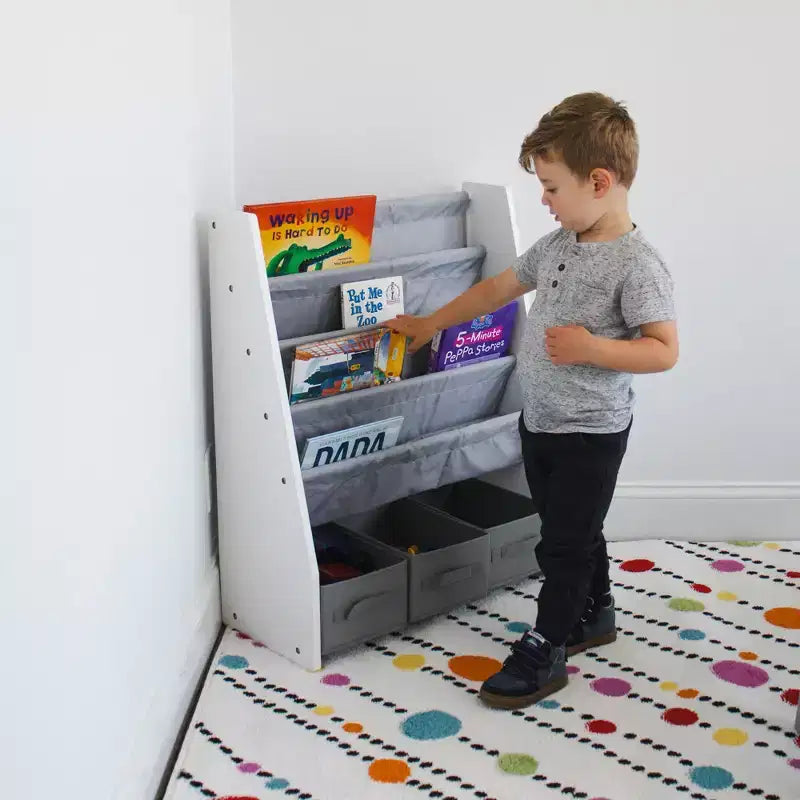 Étagère à livres 4 niveaux avec bac de rangement en tissu pour enfants