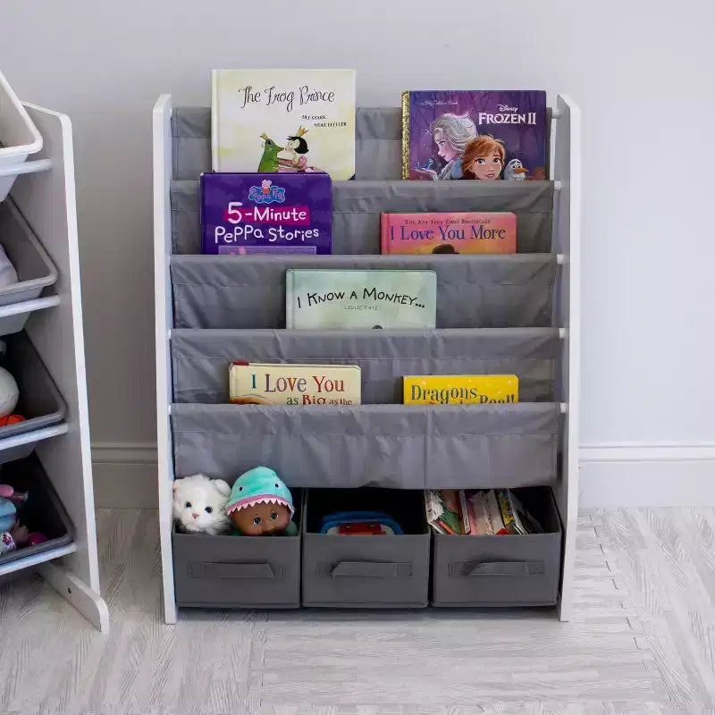 Étagère à livres 4 niveaux avec bac de rangement en tissu pour enfants
