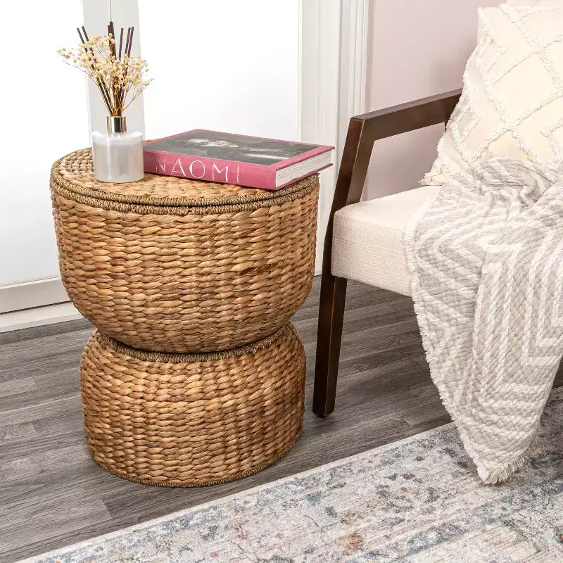 18 Hourglass Handwoven Hyacinth Storage Accent Table with Lid
