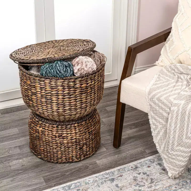 18 Hourglass Handwoven Hyacinth Storage Accent Table with Lid