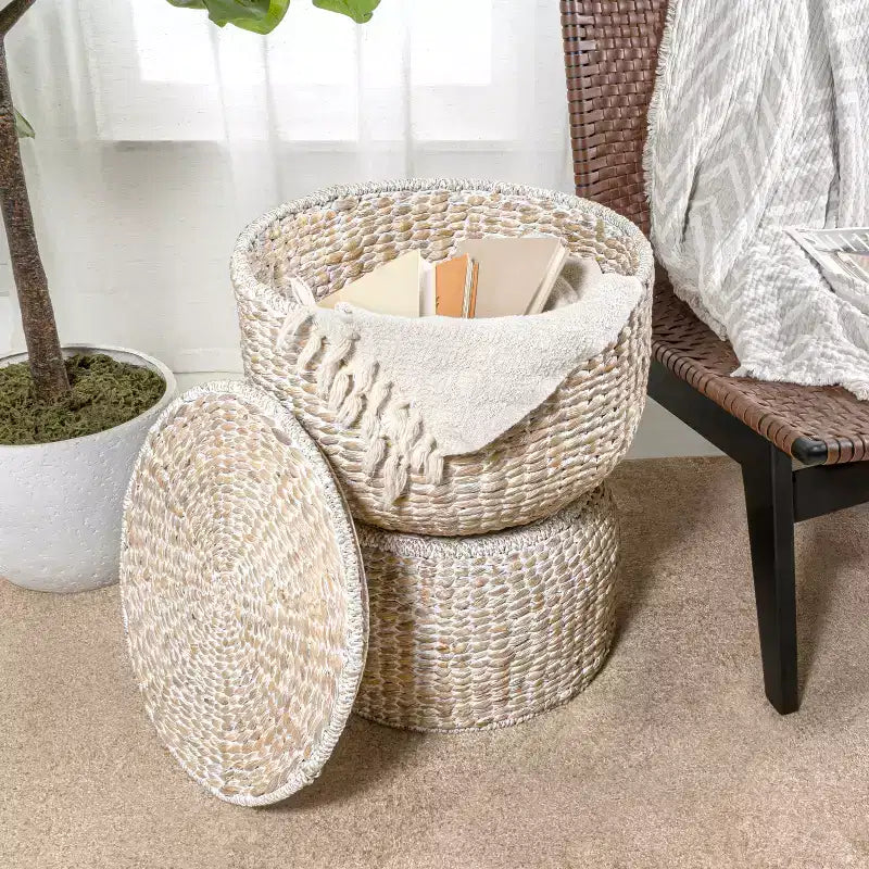 18 Hourglass Handwoven Hyacinth Storage Accent Table with Lid