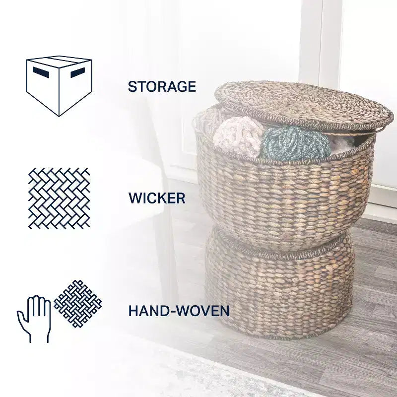 18 Hourglass Handwoven Hyacinth Storage Accent Table with Lid