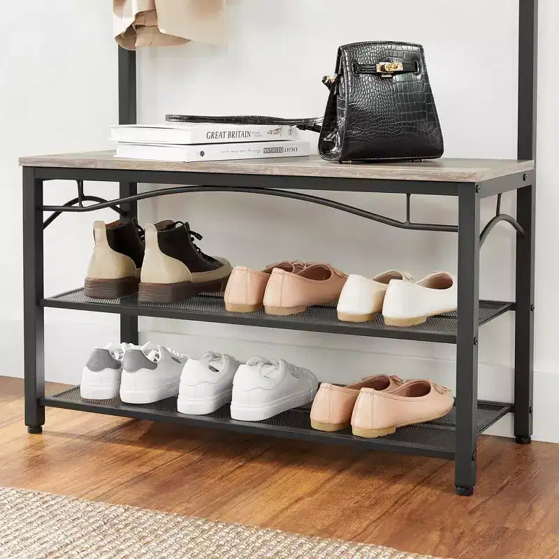 Shoe Bench Rack, 3-Tier Storage Shelf with Steel Frame, 12.6 x 31.5 x 70.3 Inches