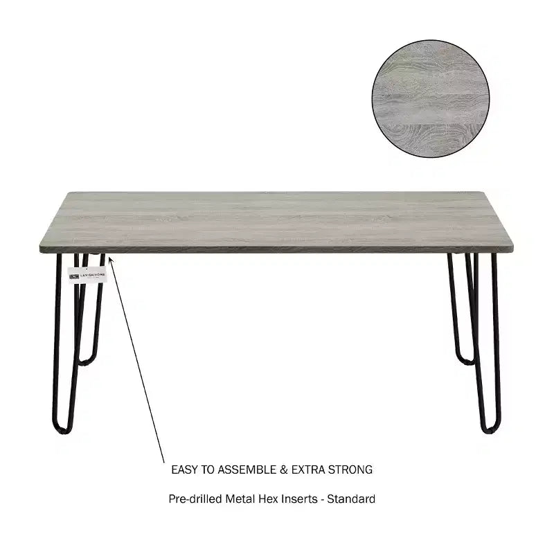 Table basse moderne avec pieds épingle – Meuble de salon en acier et aspect grain de bois industriel
