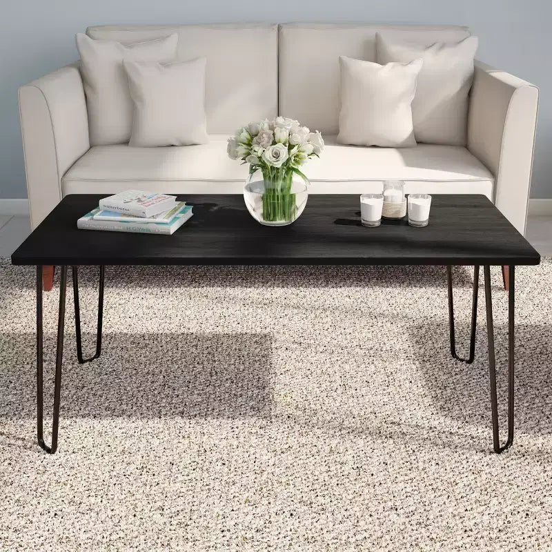 Lavish Home Modern Coffee Table with Hairpin Legs, Modern Industrial Style Woodgrain-Look and Steel Accent Living Room Furniture