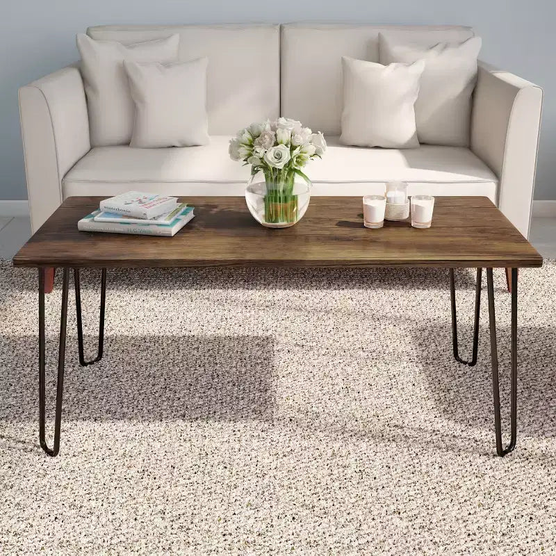 Modern Coffee Table with Hairpin Legs – Industrial Woodgrain-Look & Steel Living Room Furniture