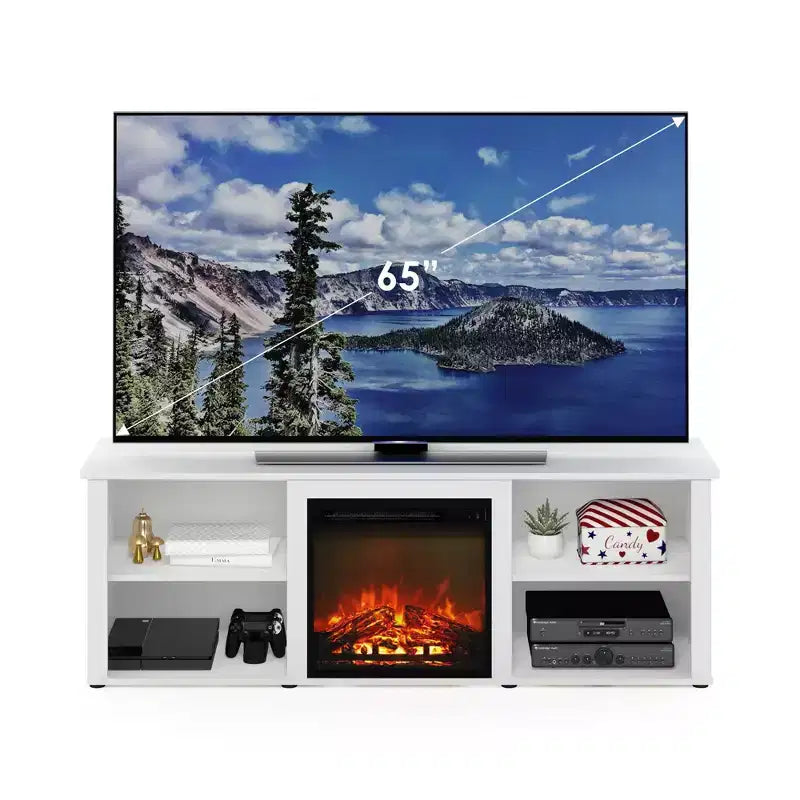 Meuble TV avec cheminée, console de divertissement, meuble multimédia avec cheminée électrique de 45,7 cm pour TV jusqu'à 70", blanc massif