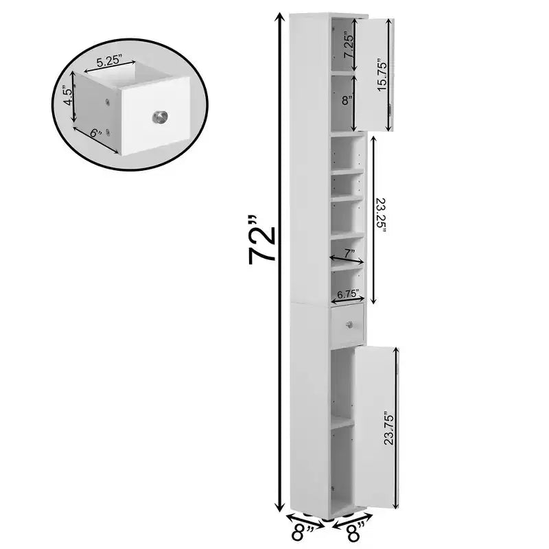 Tour de rangement étroite et haute 72" blanche en lin multi-usage - Organisateur de salle de bain, Armoire à papier toilette et Armoire de cuisine