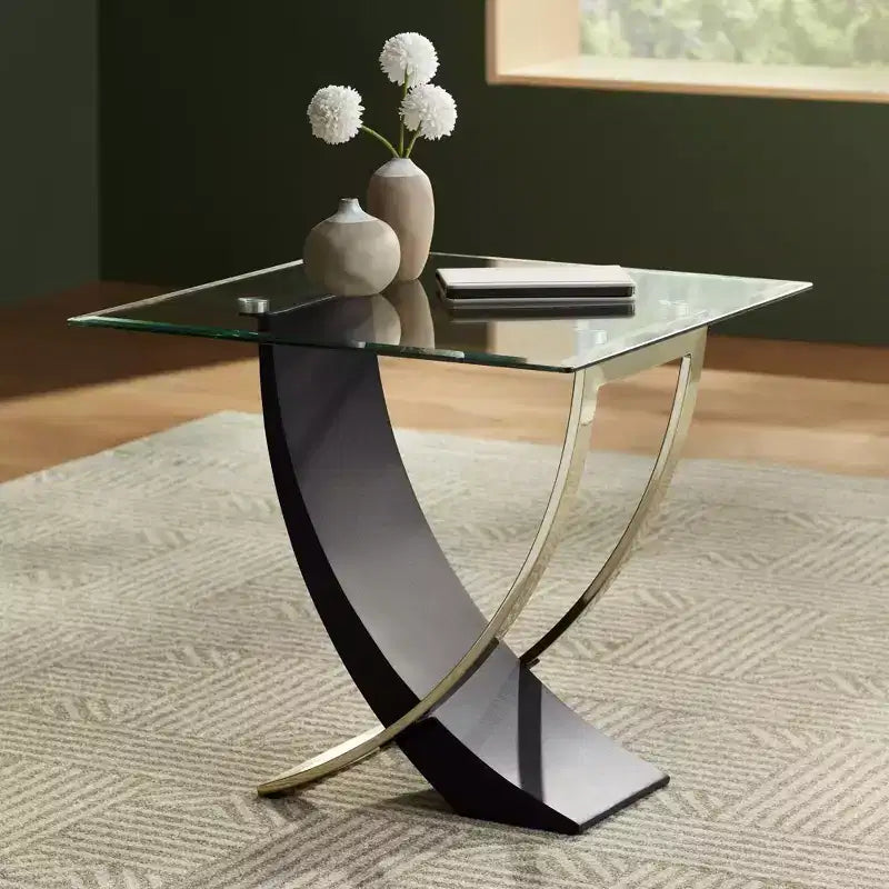 Modern Black Square Accent Side End Table, 24" Wide, Brushed Gold Legs, Clear Glass Top