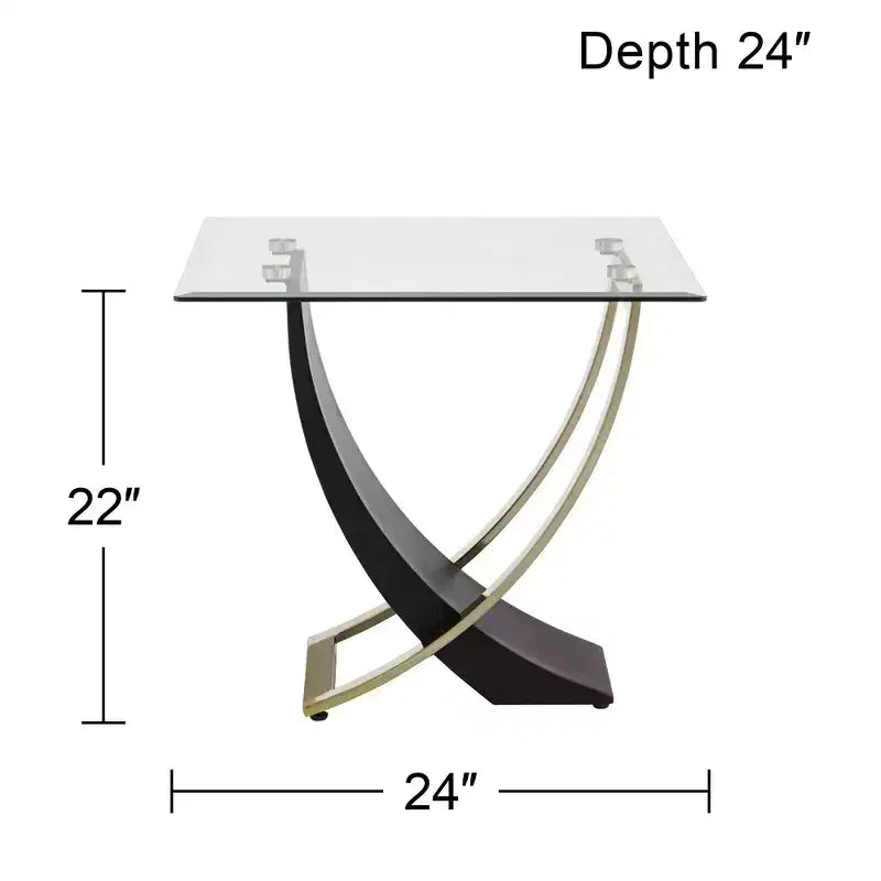 Modern Black Square Accent Side End Table, 24" Wide, Brushed Gold Legs, Clear Glass Top
