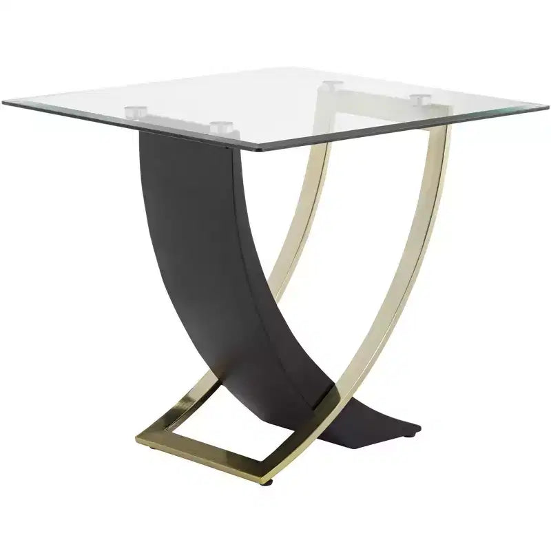 Table d'appoint carrée moderne noire avec pieds en or brossé et plateau en verre transparent, 61 cm de large