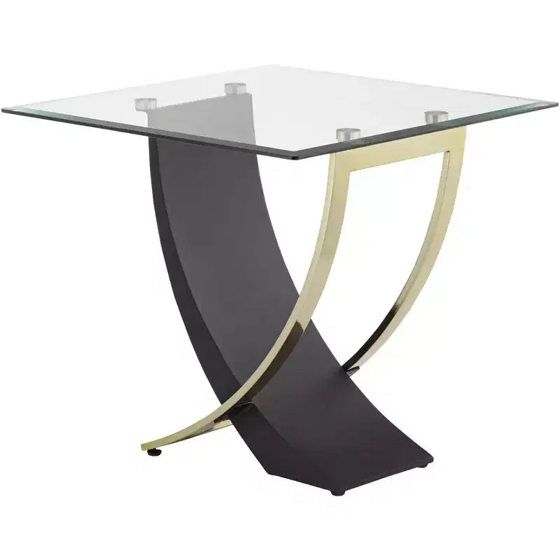 Table d'appoint carrée moderne noire avec pieds en or brossé et plateau en verre transparent, 61 cm de large