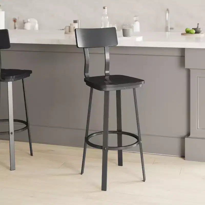 Tabouret de bar de restaurant avec assise et dossier en bois et structure thermolaquée