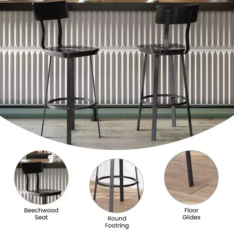 Tabouret de bar de restaurant avec assise et dossier en bois et structure thermolaquée