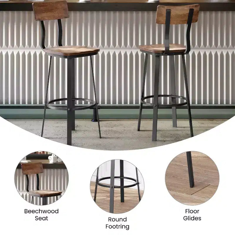 Tabouret de bar de restaurant avec assise et dossier en bois et structure thermolaquée