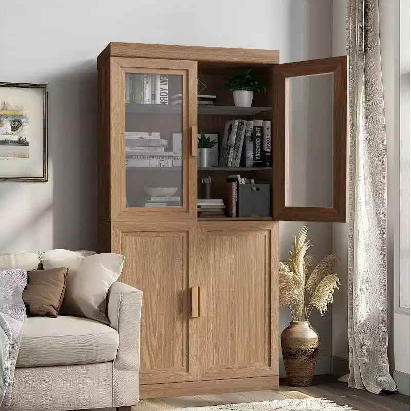 Bibliothèque décorative en grain de bois avec portes et étagères réglables