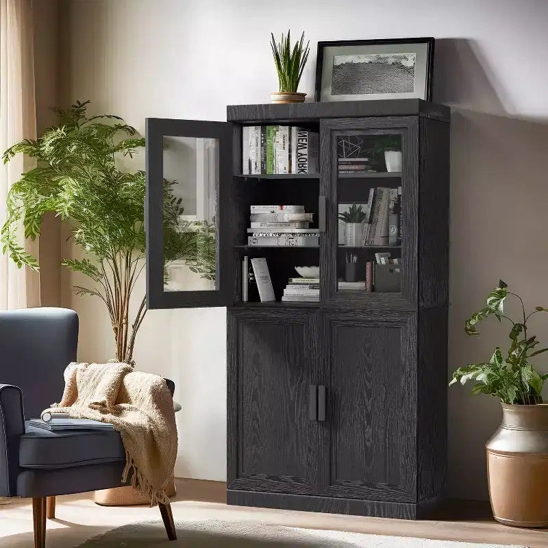 Wood Grain Decorative Bookshelf Bookcase with Doors and Adjustable Partitions