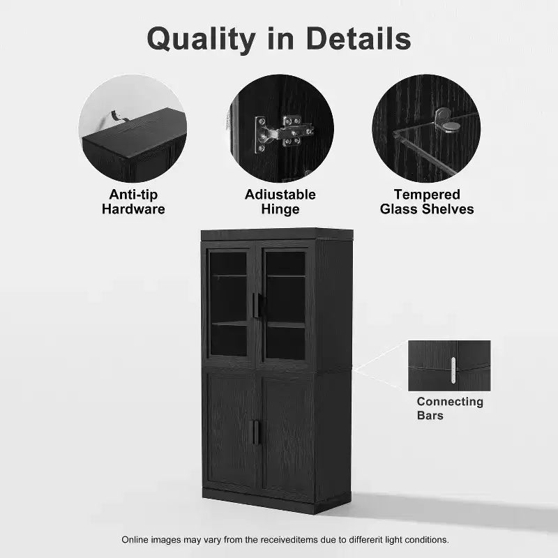 Wood Grain Decorative Bookshelf Bookcase with Doors and Adjustable Partitions