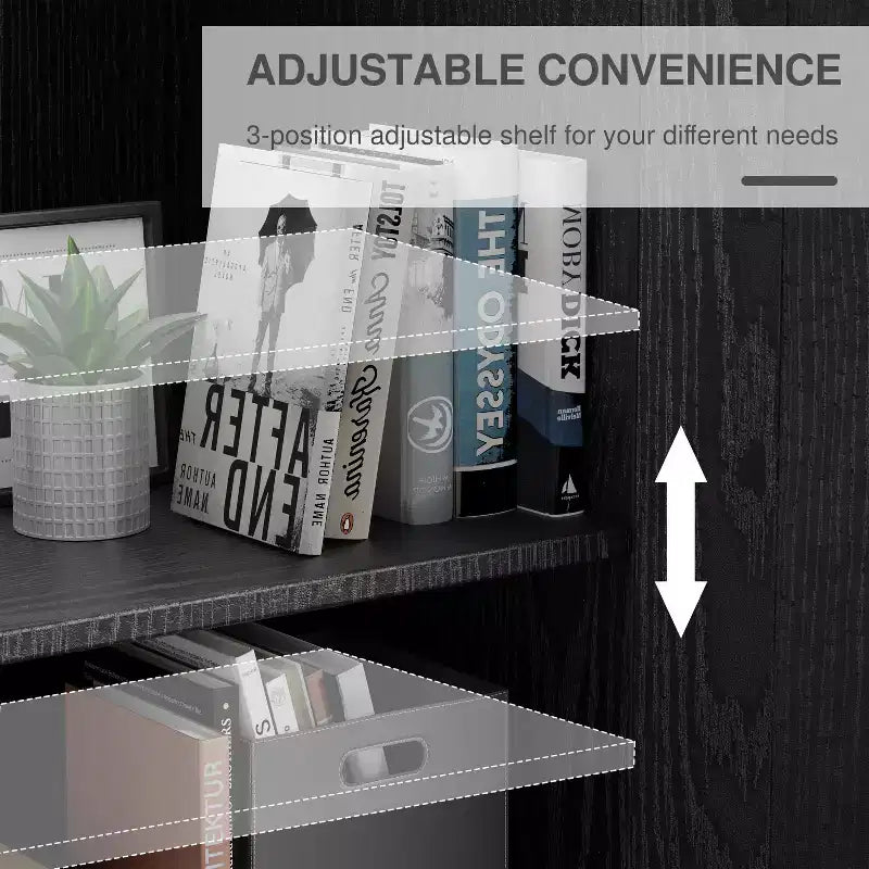 Wood Grain Decorative Bookshelf Bookcase with Doors and Adjustable Partitions