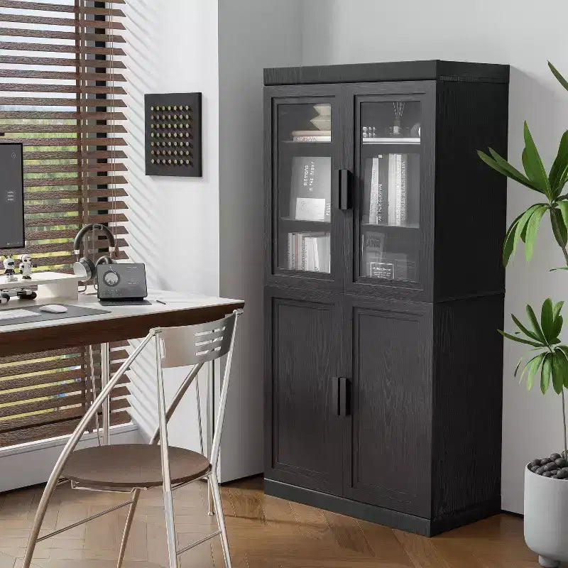Bibliothèque décorative en grain de bois avec portes et étagères réglables