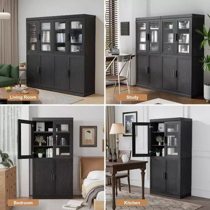 Bibliothèque décorative en grain de bois avec portes et étagères réglables