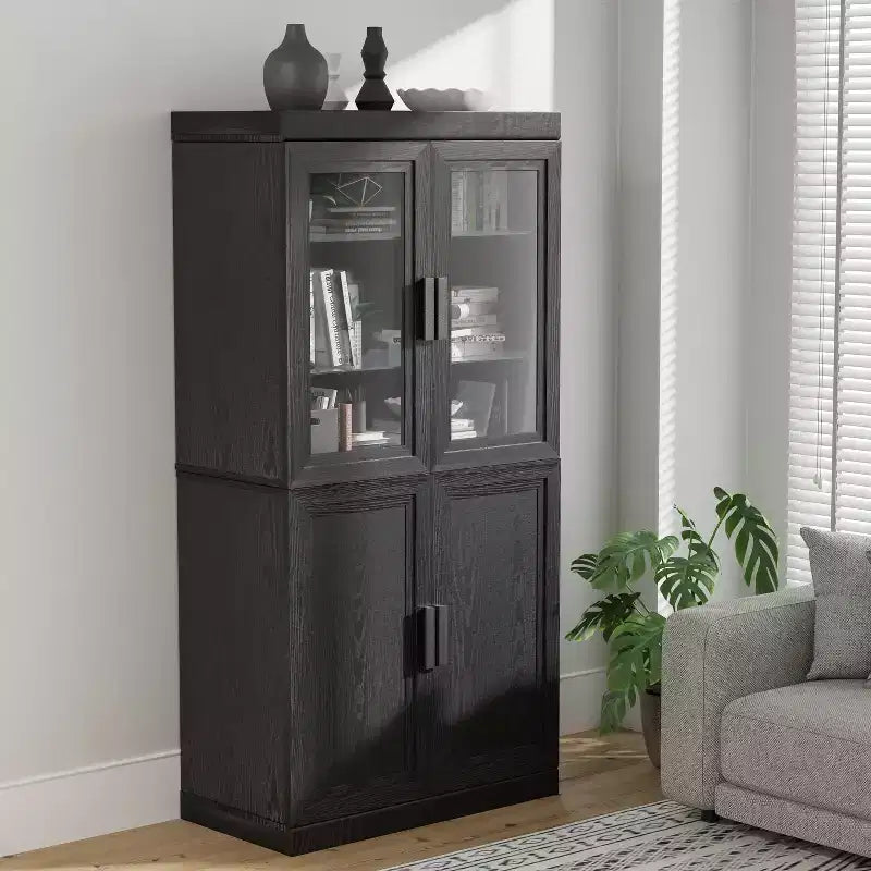 Wood Grain Decorative Bookshelf Bookcase with Doors and Adjustable Partitions