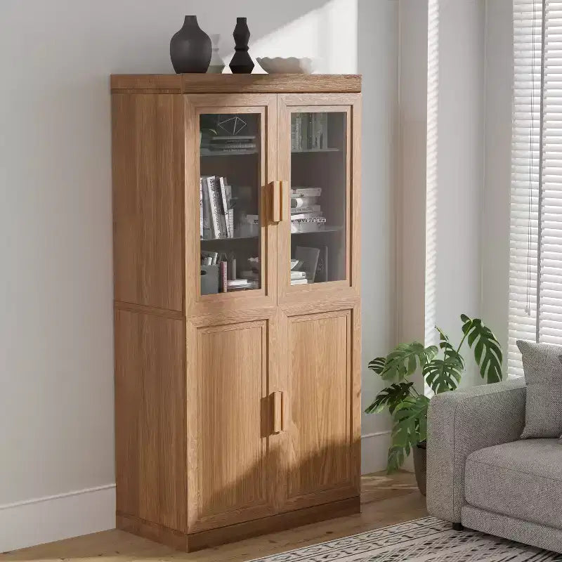 Wood Grain Decorative Bookshelf Bookcase with Doors and Adjustable Partitions