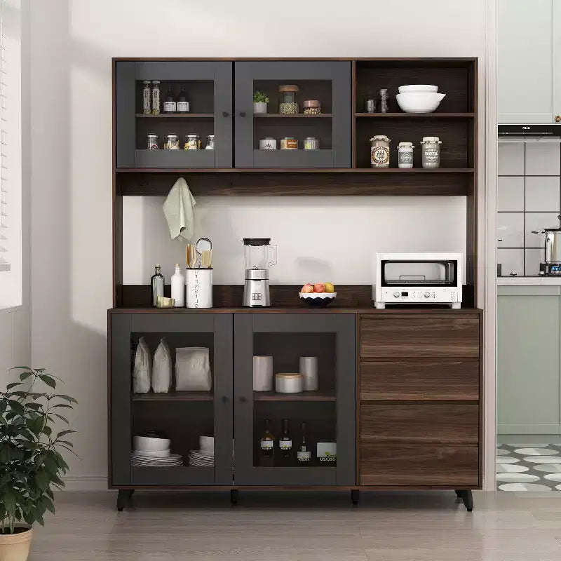 Famapy 63W Brown Wood Buffet Sideboard Pantry Cabinet with 4-Drawers Hooks and Open Shelves