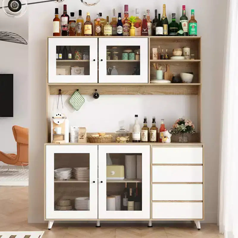 Buffet / Desserte de 63W en bois marron avec 4 tiroirs et étagères ouvertes