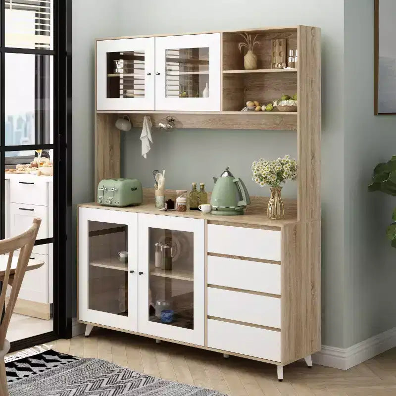 Buffet / Desserte de 63W en bois marron avec 4 tiroirs et étagères ouvertes