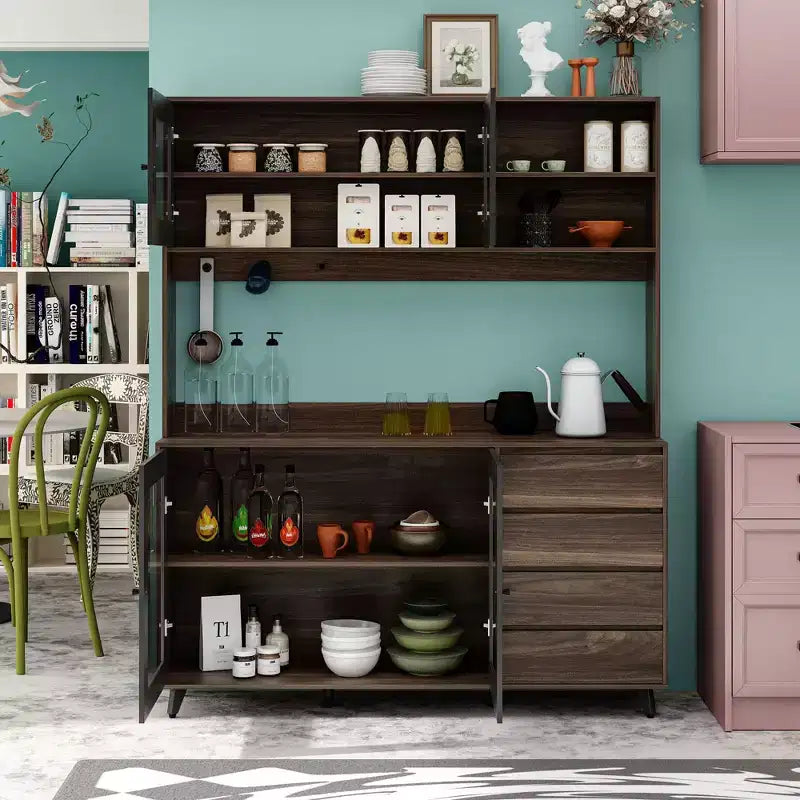 63W Brown Wood Buffet Sideboard Pantry Cabinet with 4 Drawers and Open Shelves