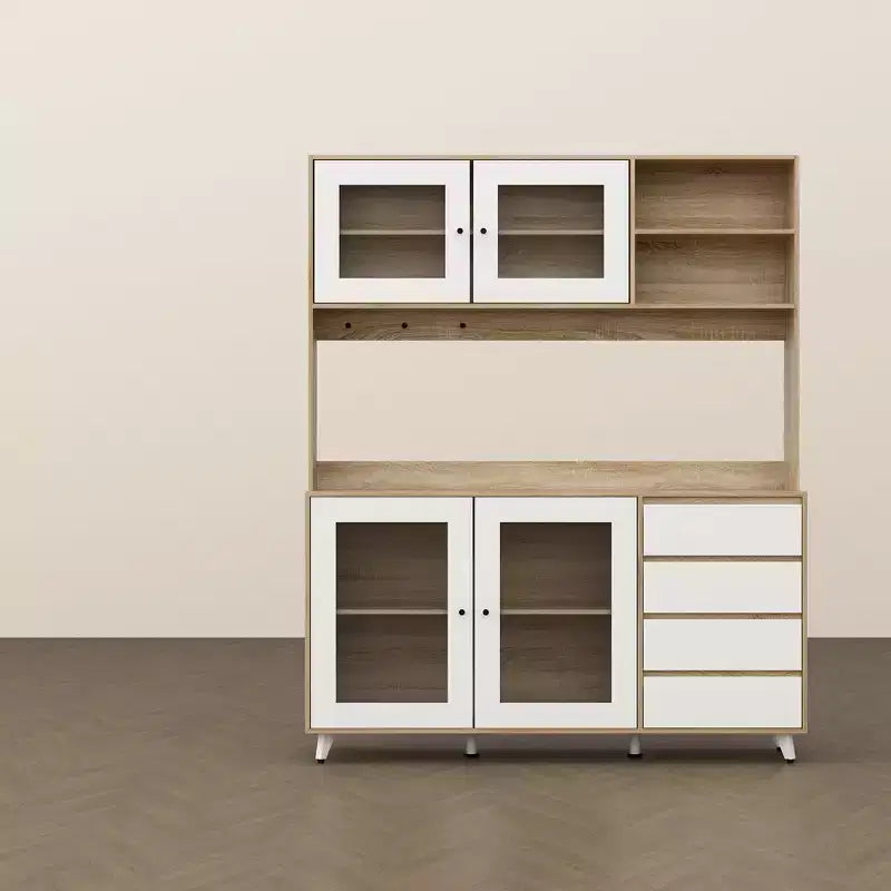 Buffet / Desserte de 63W en bois marron avec 4 tiroirs et étagères ouvertes