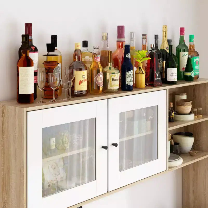 Buffet / Desserte de 63W en bois marron avec 4 tiroirs et étagères ouvertes