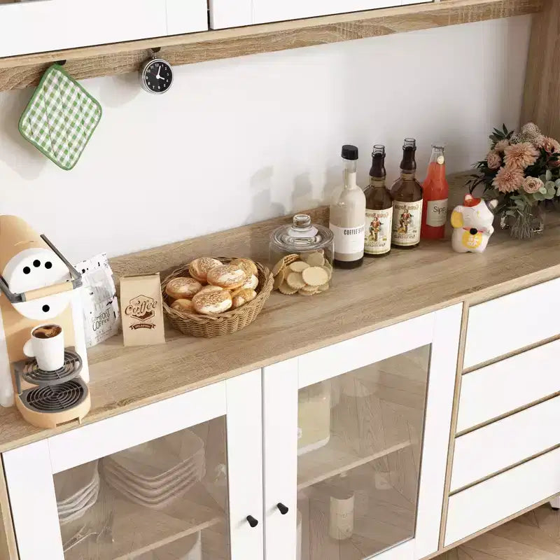Buffet / Desserte de 63W en bois marron avec 4 tiroirs et étagères ouvertes