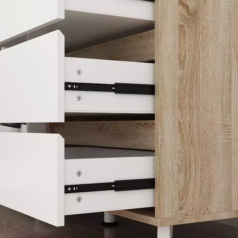 Buffet / Desserte de 63W en bois marron avec 4 tiroirs et étagères ouvertes