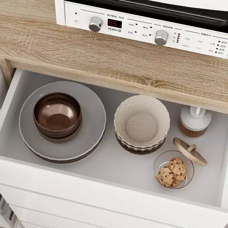 Buffet / Desserte de 63W en bois marron avec 4 tiroirs et étagères ouvertes