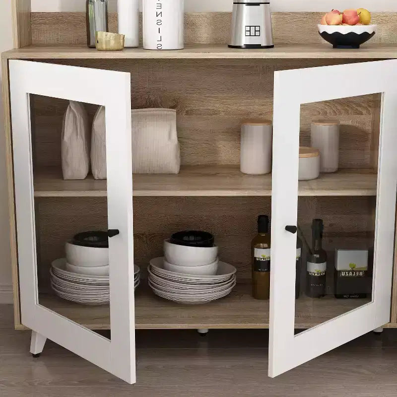 Buffet / Desserte de 63W en bois marron avec 4 tiroirs et étagères ouvertes