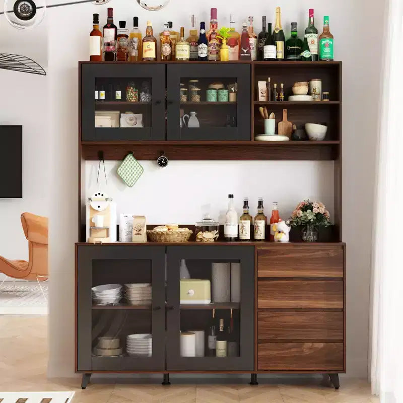 63W Brown Wood Buffet Sideboard Pantry Cabinet with 4 Drawers and Open Shelves
