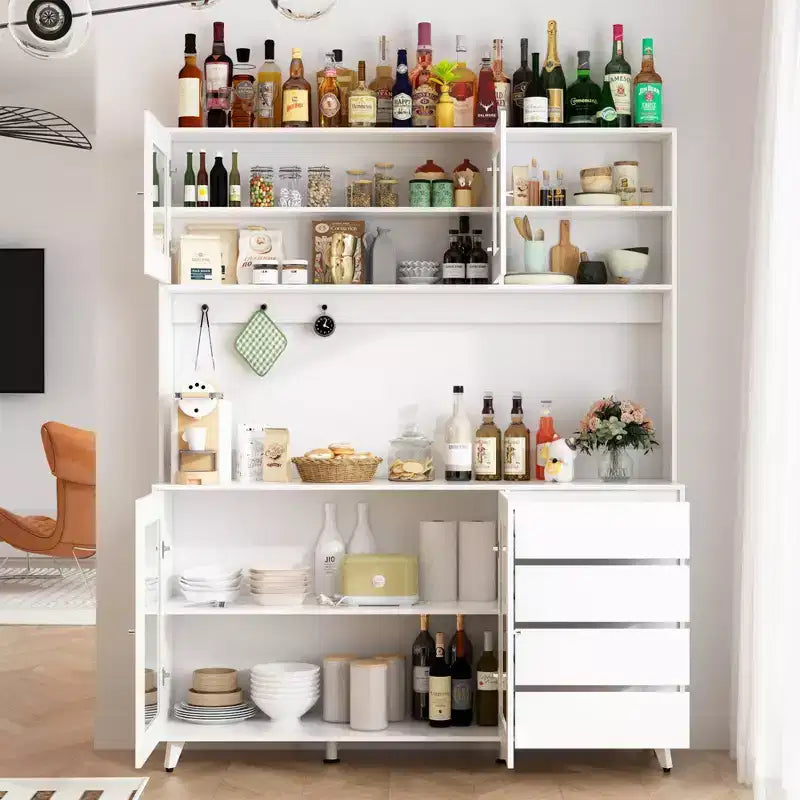 Buffet / Desserte de 63W en bois marron avec 4 tiroirs et étagères ouvertes