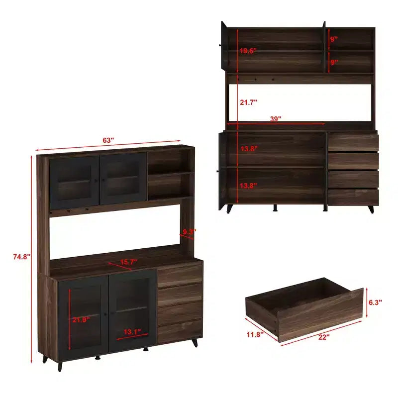 63W Brown Wood Buffet Sideboard Pantry Cabinet with 4 Drawers and Open Shelves