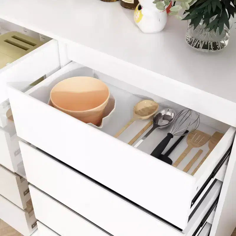 Buffet / Desserte de 63W en bois marron avec 4 tiroirs et étagères ouvertes