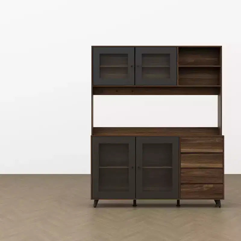 63W Brown Wood Buffet Sideboard Pantry Cabinet with 4 Drawers and Open Shelves