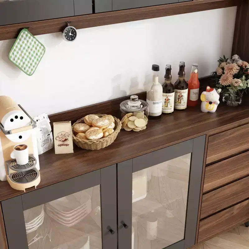 Buffet / Desserte de 63W en bois marron avec 4 tiroirs et étagères ouvertes