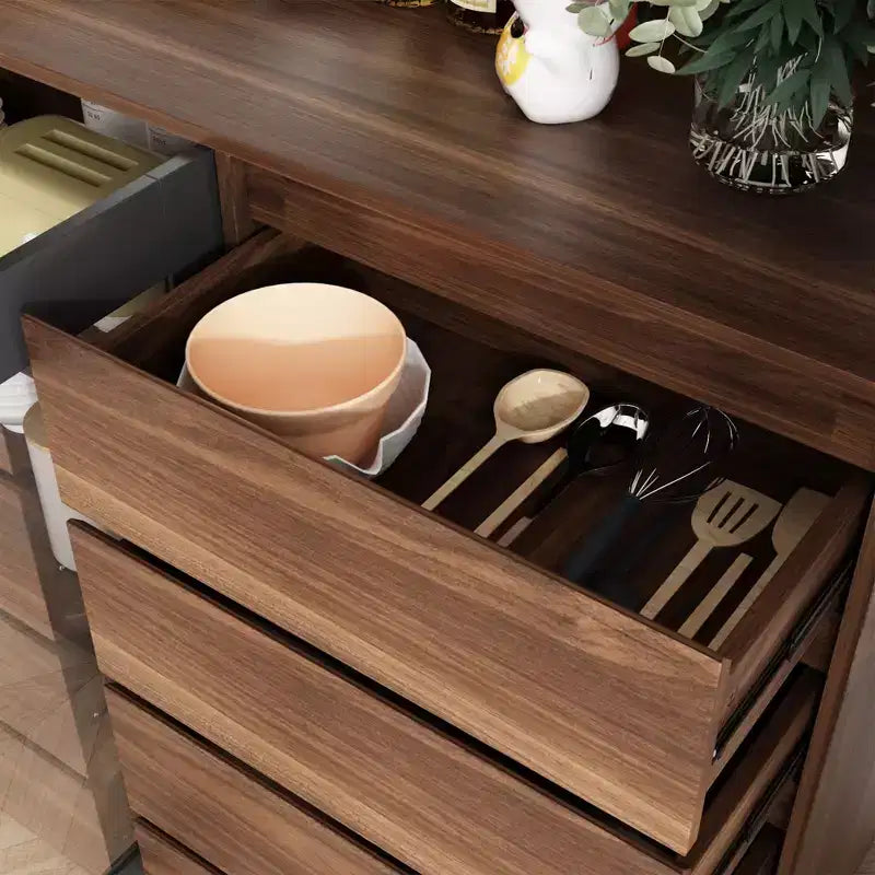Buffet / Desserte de 63W en bois marron avec 4 tiroirs et étagères ouvertes