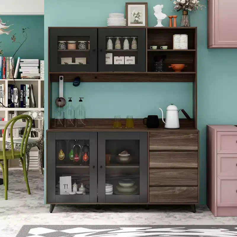 Buffet / Desserte de 63W en bois marron avec 4 tiroirs et étagères ouvertes