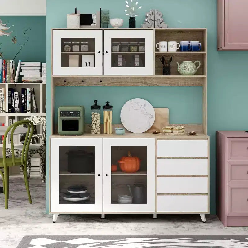 63W Brown Wood Buffet Sideboard Pantry Cabinet with 4 Drawers and Open Shelves