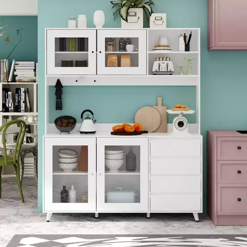 63W Brown Wood Buffet Sideboard Pantry Cabinet with 4 Drawers and Open Shelves