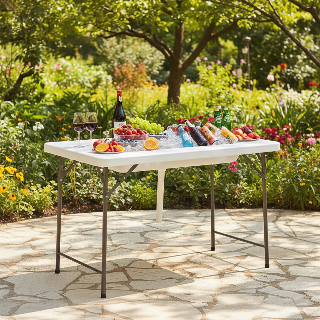 Table de fête pliante portative de 4 pi avec rebord et jupe - Blanche